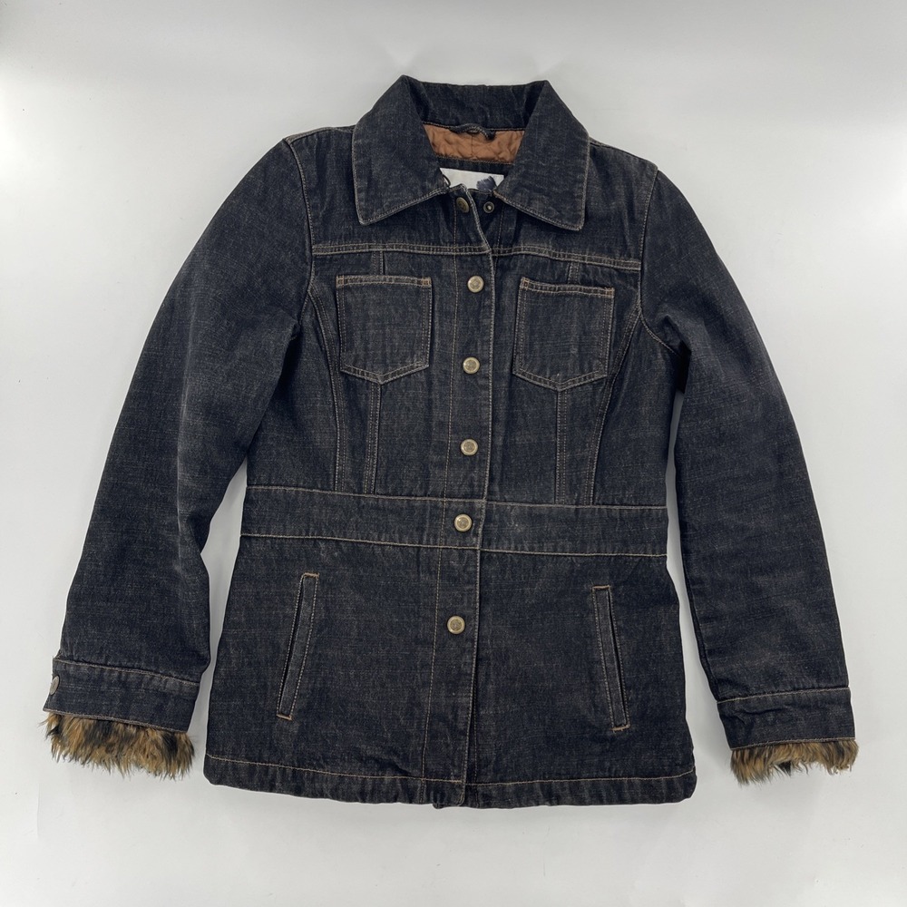Women's Tailored Denim Jacket Dark Wash Quilted Lining Warm Fur Trim Sleeves, M‎